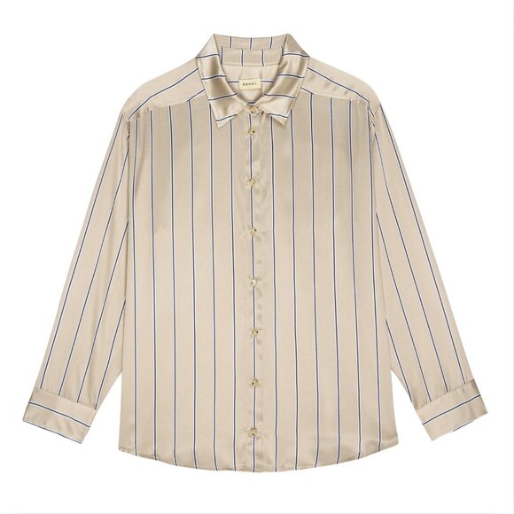 302. DONNI The Silk Pinstripe Shirt  Sand-Pinstripe $434 EUC Medium - Picture 1 of 6